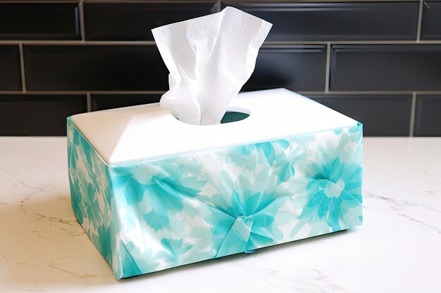 Tissue box filled with tissues and a nasal spray nearby created with generative ai