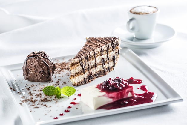 Titamisu italian dessert with pana cotta chocolate profiteroll mint herb and coffee.