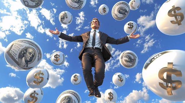 Photo title businessman surrounded by dollar sign balloons symbolizing wealth and opportunities