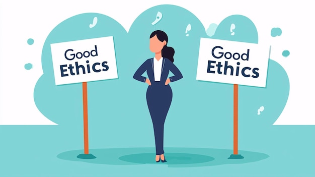 Photo title businesswoman contemplating ethical choices between good and bad ethics in digital