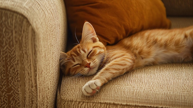 Title Cat Sleeping in an Awkward Position with Head Hanging Over the Edge of the Couch K