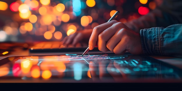 Title A closeup image capturing a digital artist using a graphics tablet