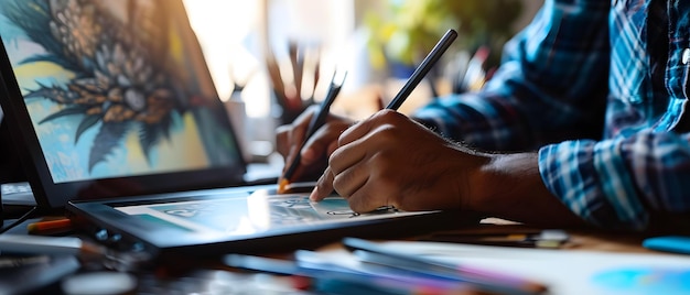 Title A closeup image capturing a digital artist using a graphics tablet