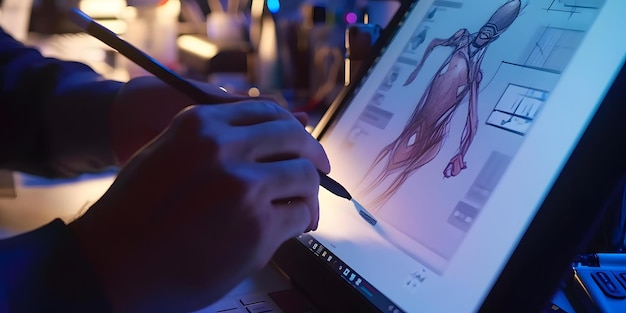 Title A closeup image capturing a digital artist using a graphics tablet