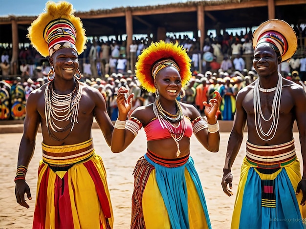 Title Colorfully Attired People Standing Before a Large Crowd Ai Generated