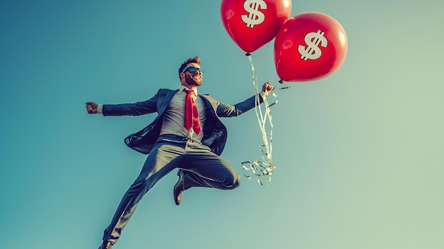 Photo title confident businessman soaring with dollar sign balloons symbolizing success and wea