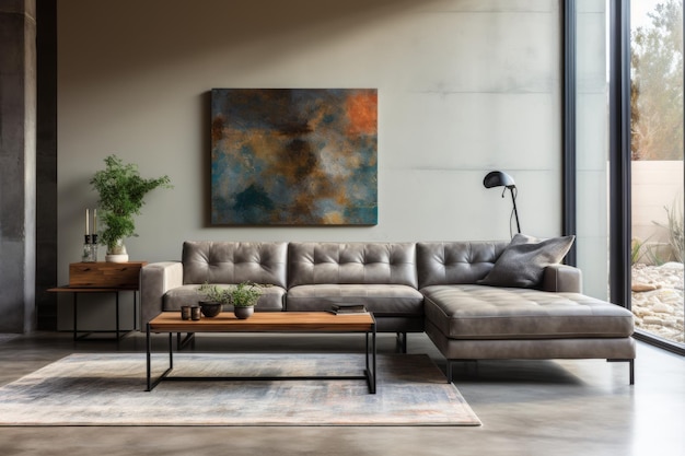 Title contemporary living room interior with cozy gray sofa and elegant decor