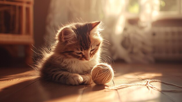 Photo title fluffy kitten playfully engaged with colorful yarn on a sunlit wooden floor setting