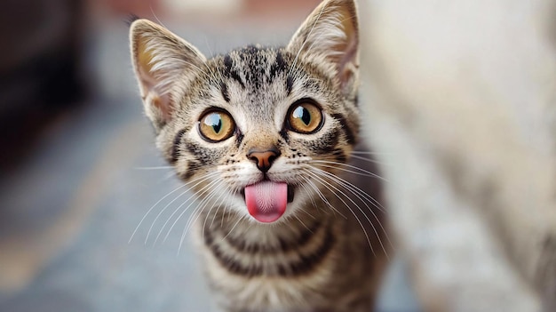 Title Funny Cat Tilting Head with Tongue Out Captured in Playful Expression Looking at Ca