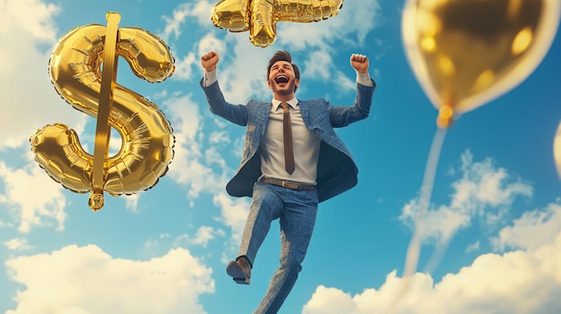 Photo title joyful businessman ascending with golden dollar balloons represents financial succe