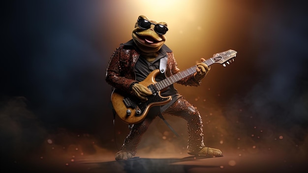 Toad rock star with an electric guitar on stage