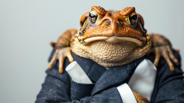 A toad in a suit looks seriously at the camera