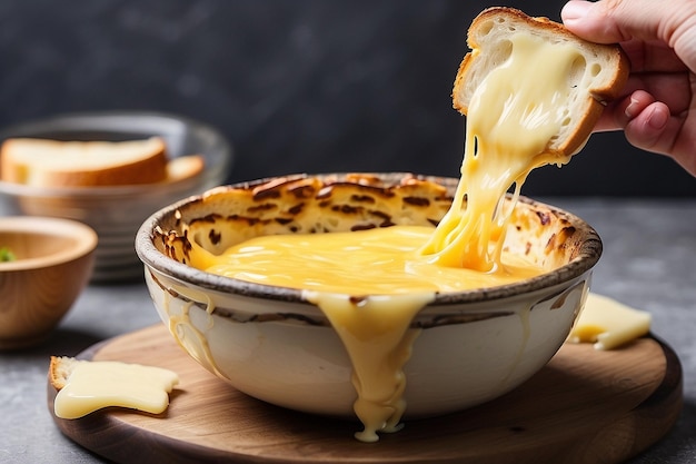 Toast dipped in melted cheese bowl