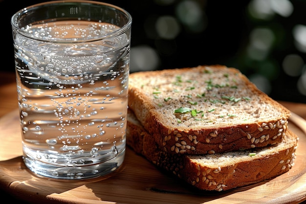 Toast and water on tableware a perfect combination of food and drink