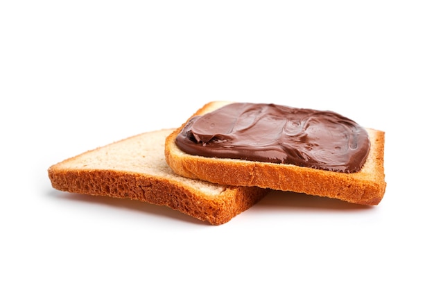 Toast with cocoa paste isolated on a white background. A piece of bread with chocolate paste. High quality photo