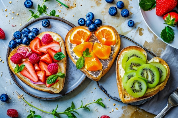 Toast with Kiwi Strawberry and Orange slices on them Generative AI