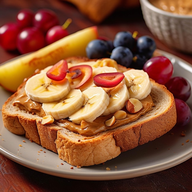 Toast with peanut butter banana and grape on a wooden table