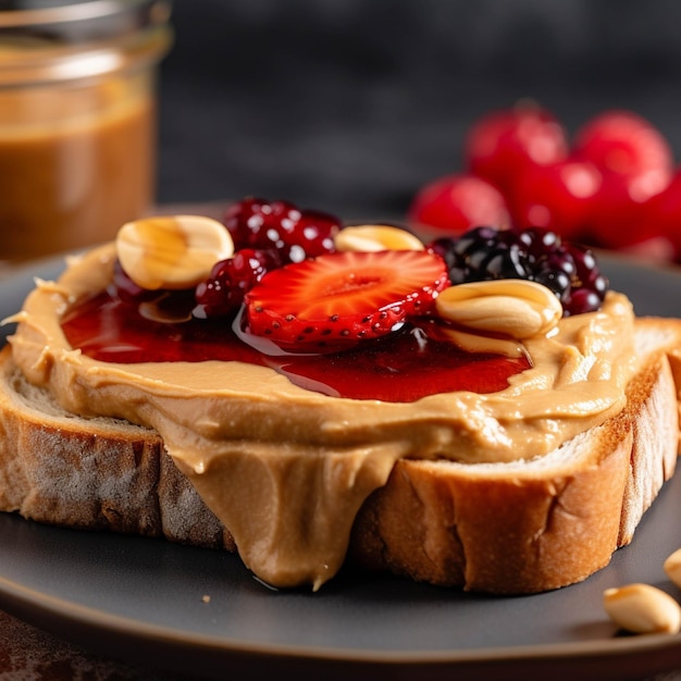 Toast with peanut butter and fresh berries on a dark background