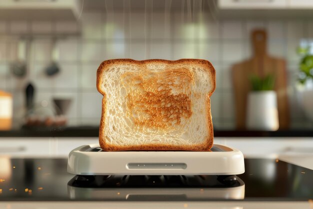 Toasted bread slice on a countertop in a kitchen with modern appliances and natural light