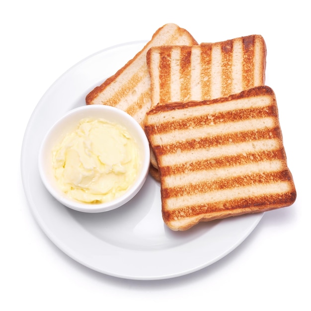 Toasted or grilled bread slices and butter isolated on white background