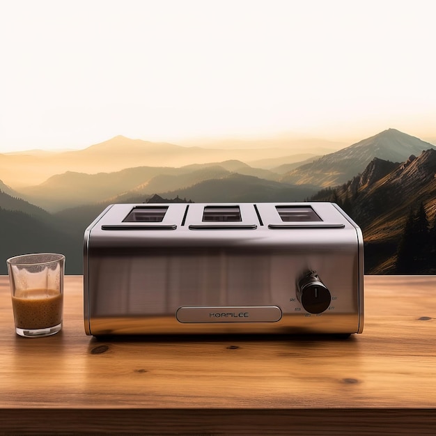 A toaster is sitting on a table with a glass of coffee