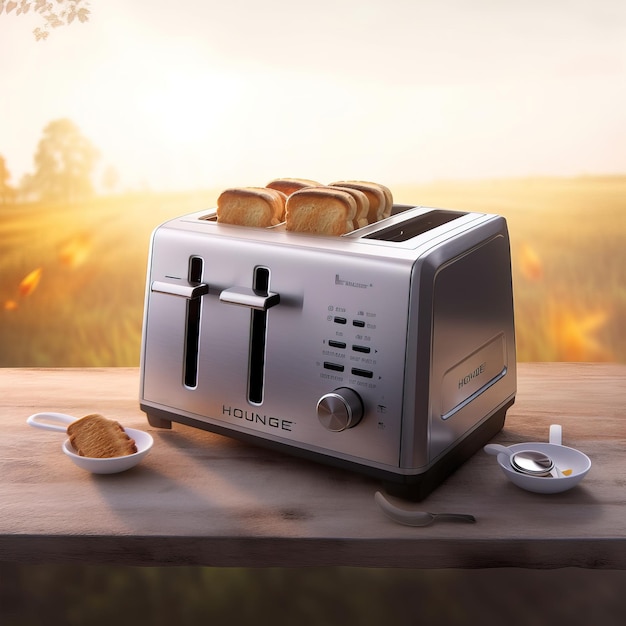 A toaster oven with toaster on a table with a sunset in the background