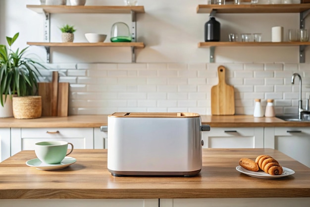 a toaster sits on a counter with a mug of coffee