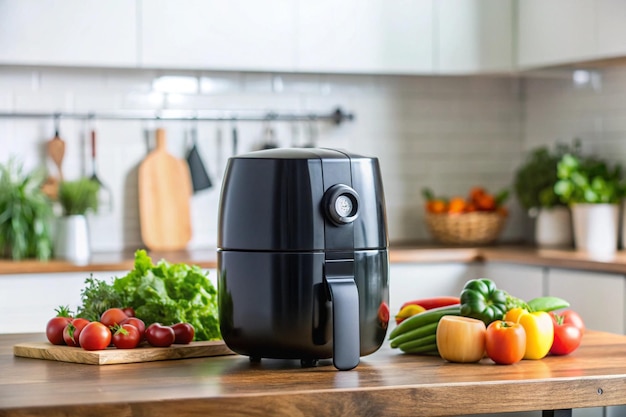 a toaster sits on a cutting board with vegetables and fruits