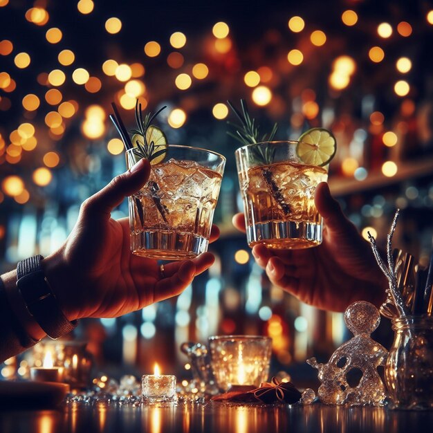 Toasting at the bar of a warmly decorated and lit bar creating a cozy and festive atmosphere