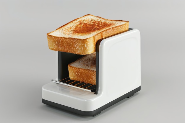 Toasting bread in a modern minimalist toaster on a gray background