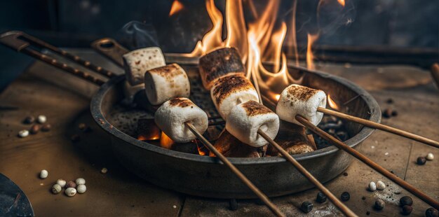 Photo toasting marshmallows on skewers over campfire