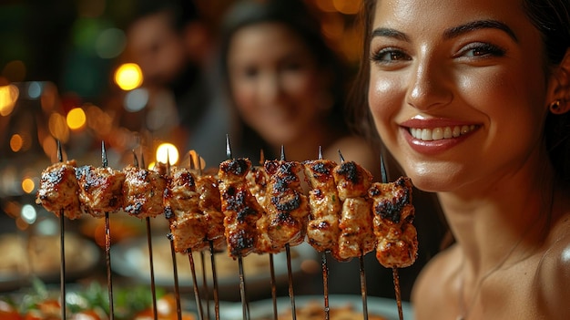 Photo toasting with skewers at a meal