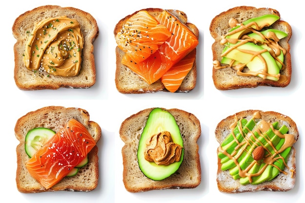 Toasts collage with avocado salmon peanut butter and French toast over isolated white background