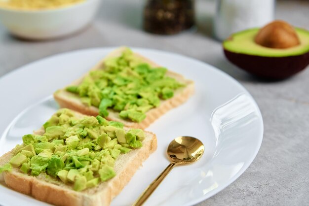 Toasts with avocado on plate Healthy nutrition