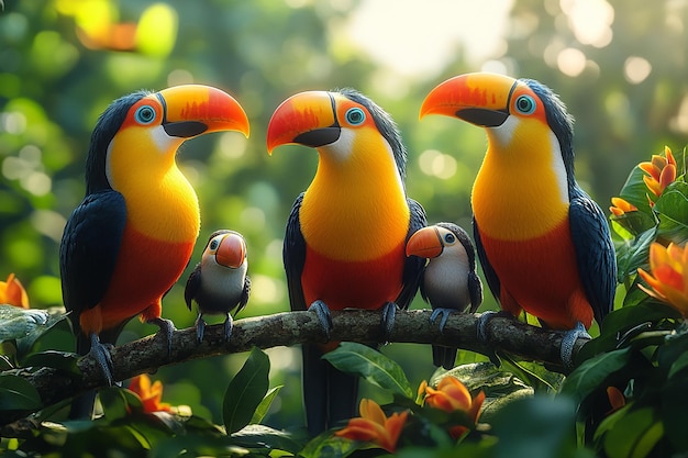 Toco Toucan playing with family beautiful background