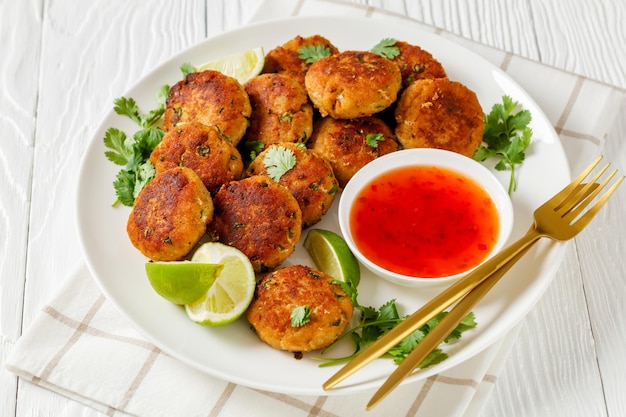 Tod man pla thai fish cakes on a plate