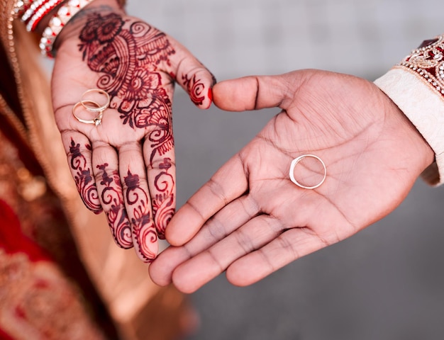 Today is about love and commitment Cropped shot of an unrecognizable couple making a heart shape with their hands while showing their rings on their palms on their wedding day