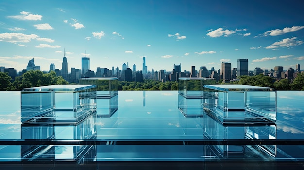 Today there is a clear sky and a glass structure In the financial district the bottom of a buildi