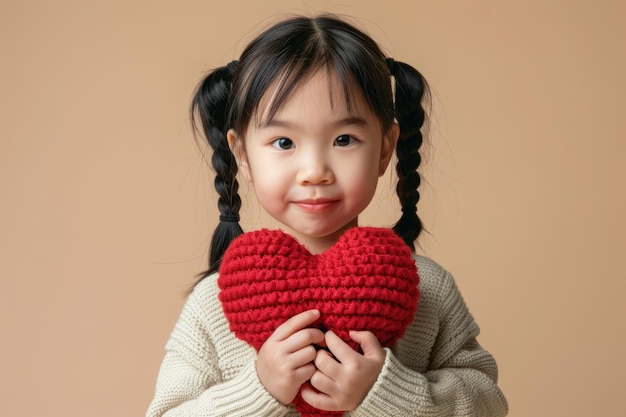 Toddler Asian girl looks into camera holding big red knitted heart Isolated on solid pastel background