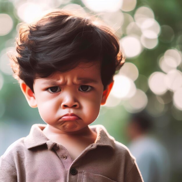 Toddler boy frowning and shows frustration on nature bokeh background ai generative