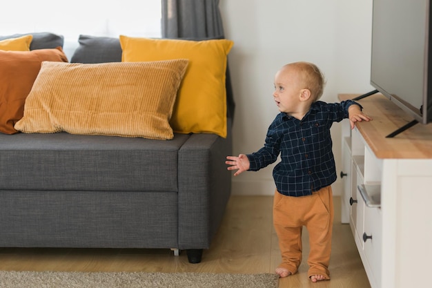 Toddler boy laughing having fun standing near sofa in living room at home copy space adorable baby m