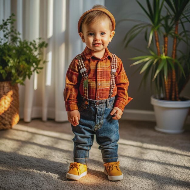 Photo toddler boy in plaid shirt and suspenders stands on a carpeted floor generative ai