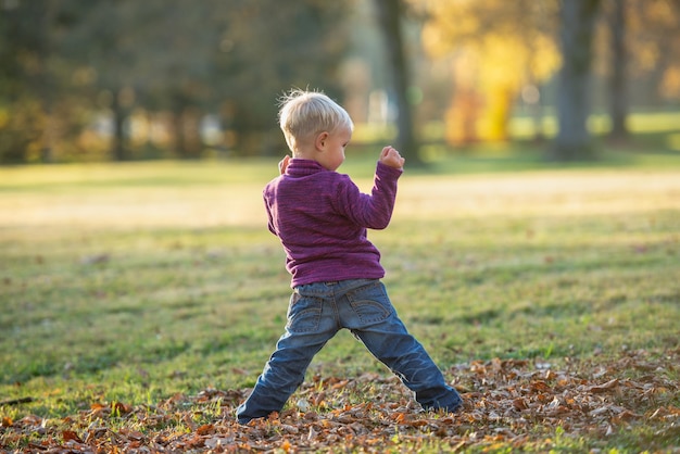 Toddler boy playing in an autumn park standing with his legs wide apart