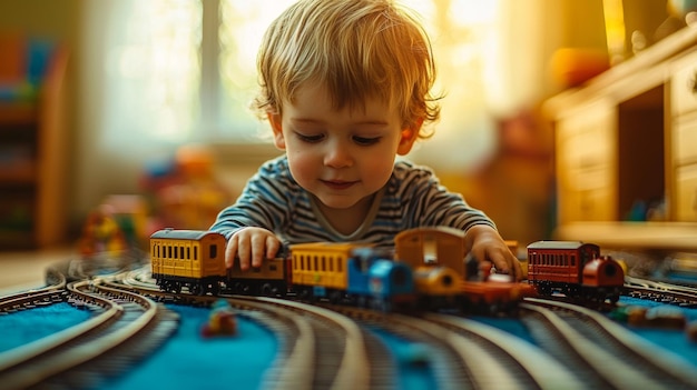 Toddler Boy Playing with Toy Train Set on Carpet