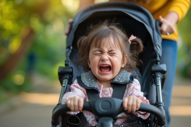 toddler crying in a stroller because she wants to walk