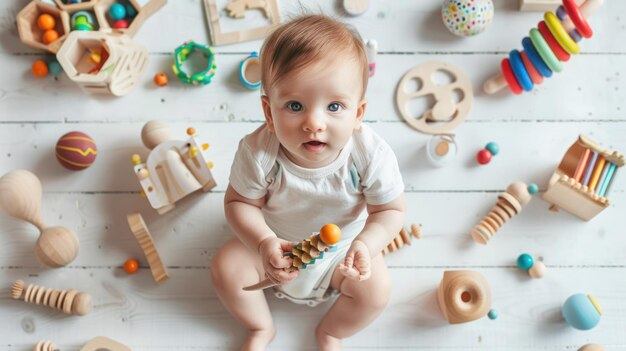 Photo toddler discovery concept with babies exploring sensory toys and textures