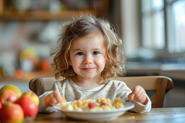 A toddler enjoying fruit and healthy porridge in the morning Generative Ai