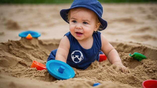 Toddler enjoying playtime in a sandbox outdoors on a sunny day