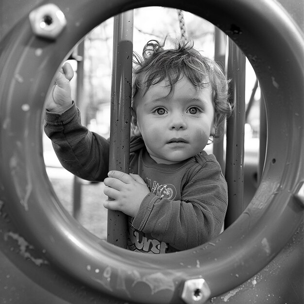 Photo toddler exploring playground with curious expression