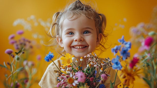 A toddler giggling while holding a bouquet of wildflowers